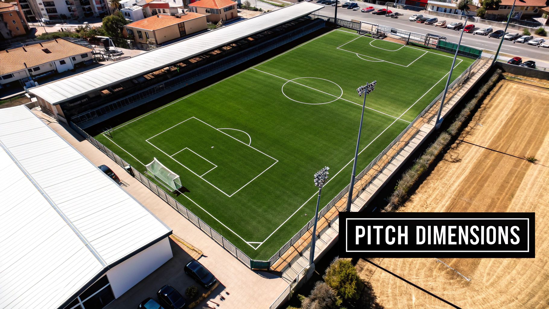 A soccer pitch with dimensions and markings highlighted