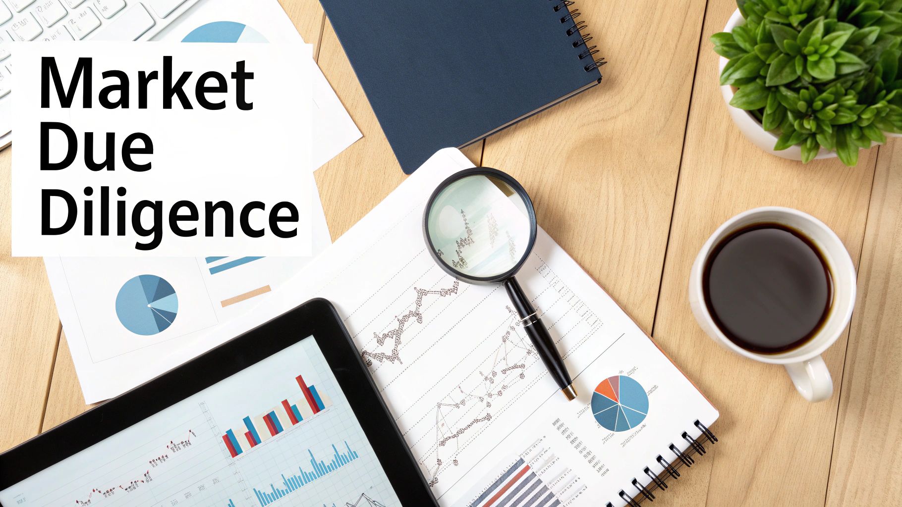 Overhead view of a workspace with 'Market Due Diligence' text, financial charts, a magnifying glass, and a tablet.