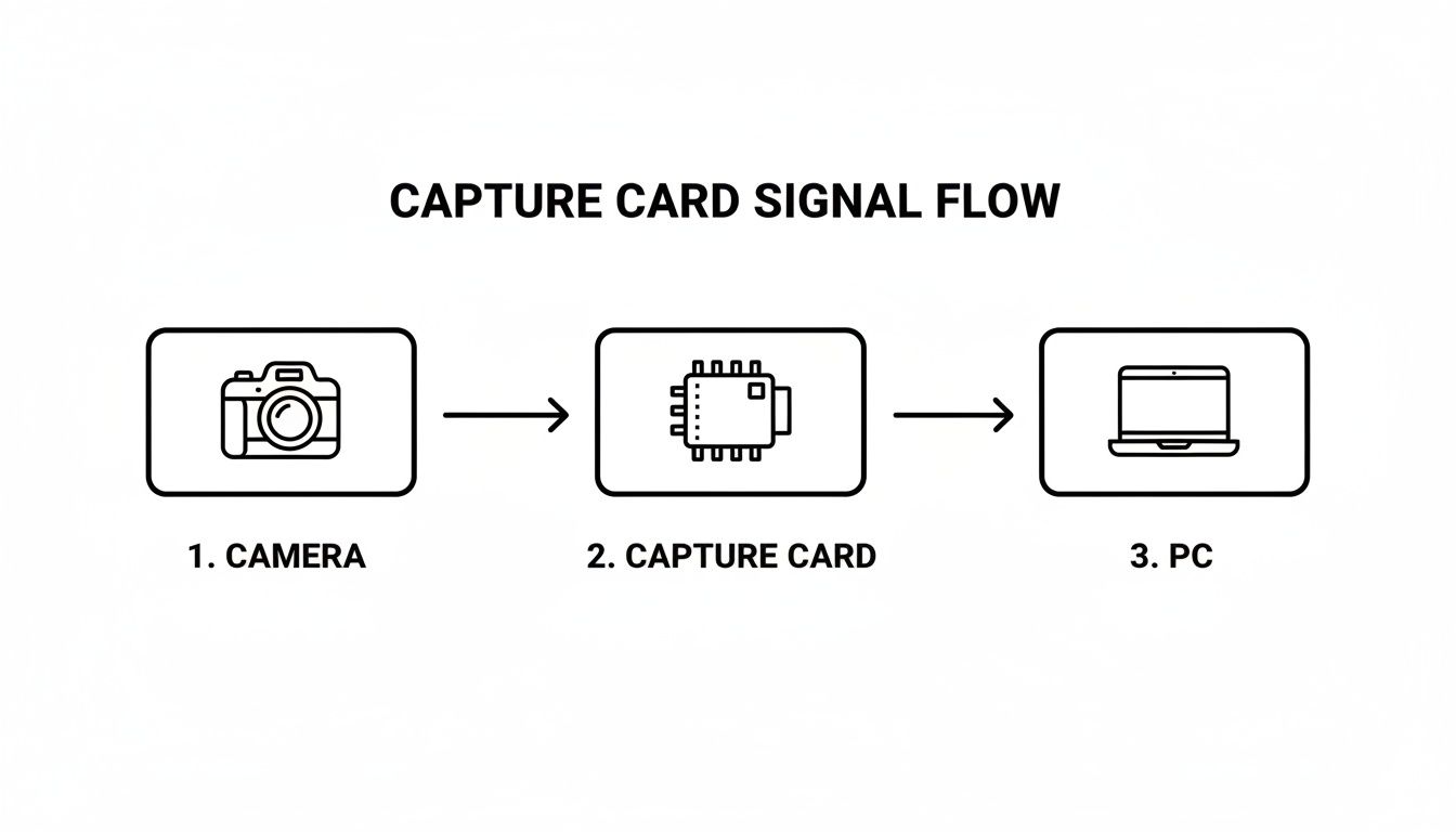 A diagram illustrating the capture card signal flow: camera to capture card to PC, with arrows.