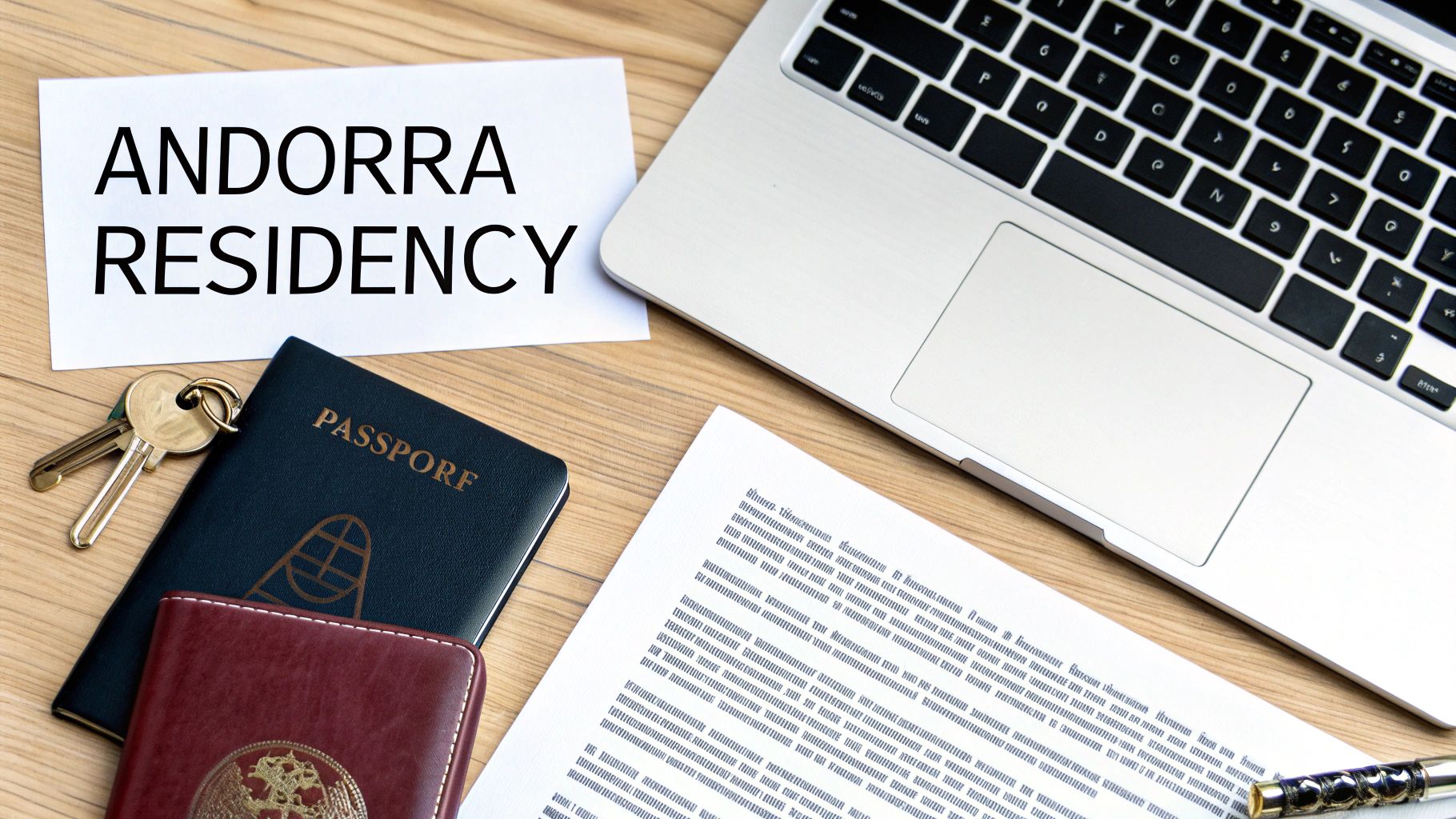 Andorra residency application documents with passport, keys, and laptop on wooden desk