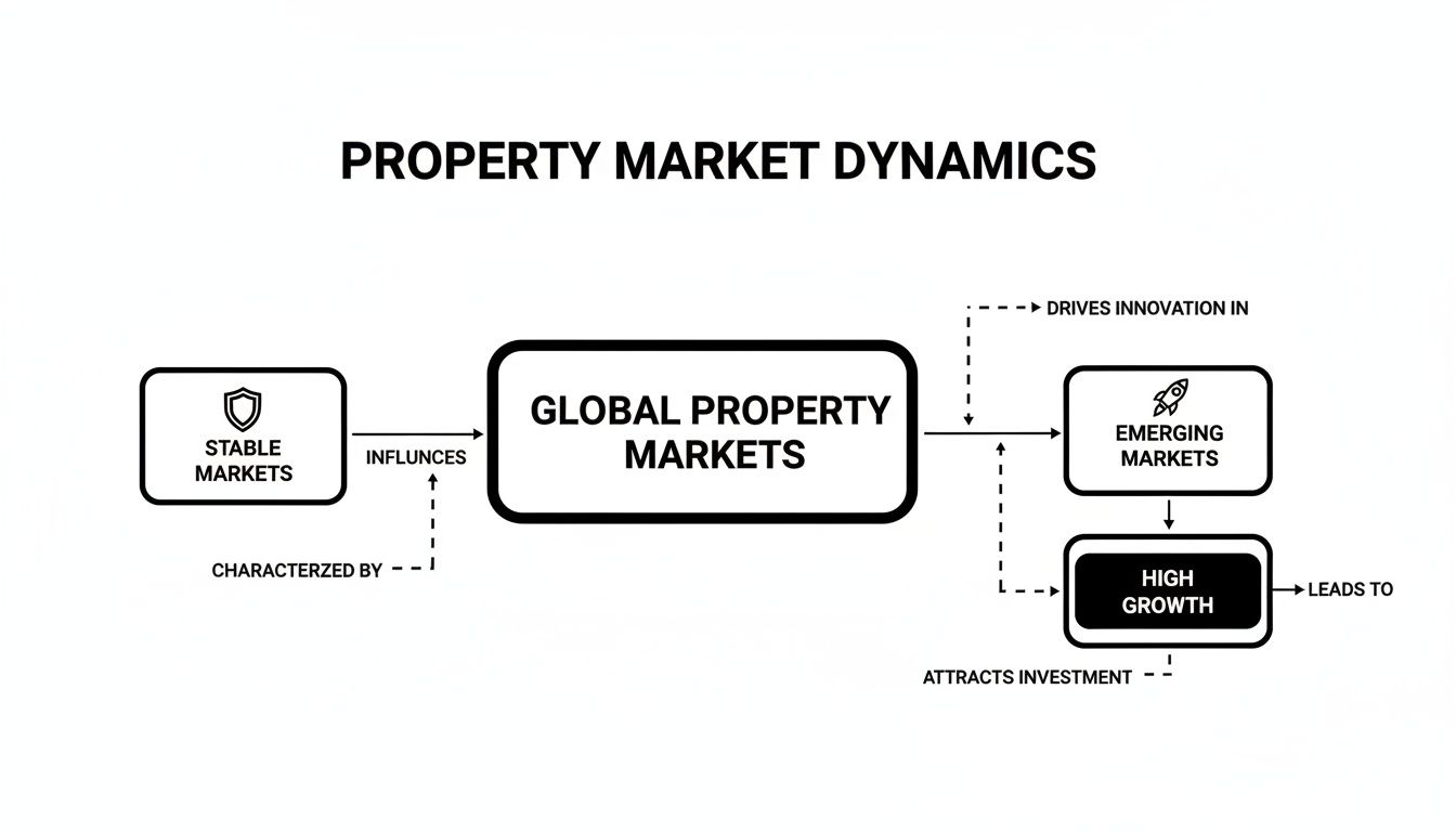 Flowchart illustrating property market dynamics, showing how stable markets influence global markets, driving innovation in emerging markets and high growth.