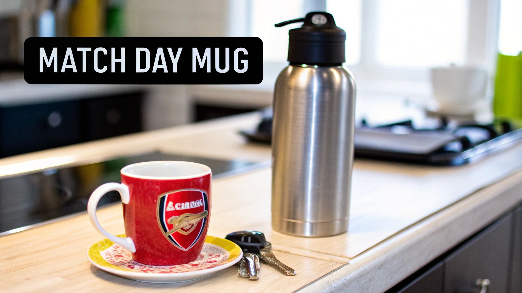 A red Arsenal football club mug on a yellow saucer with keys and a silver water bottle on a kitchen counter.