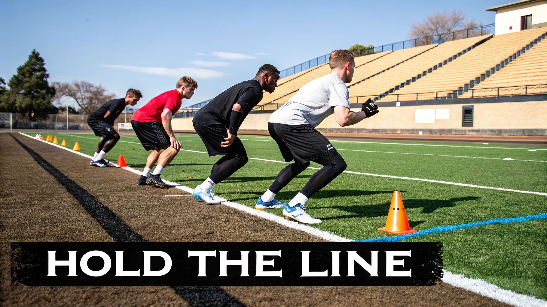 Four athletes in athletic wear ready to sprint on a track next to a green field with cones.