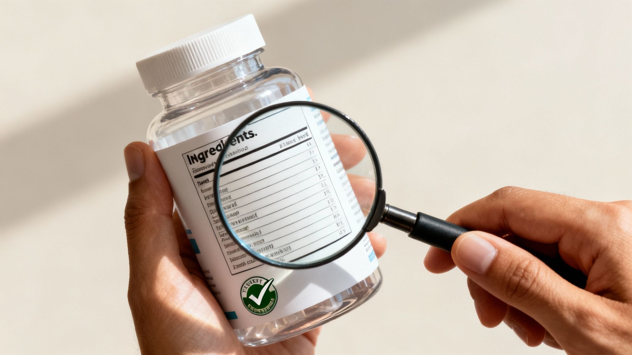 A person uses a magnifying glass to meticulously examine the ingredients label on a supplement bottle.
