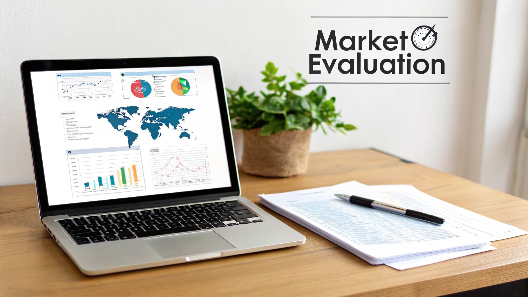 A laptop displaying market evaluation charts and a world map, with papers and pen on a wooden desk.