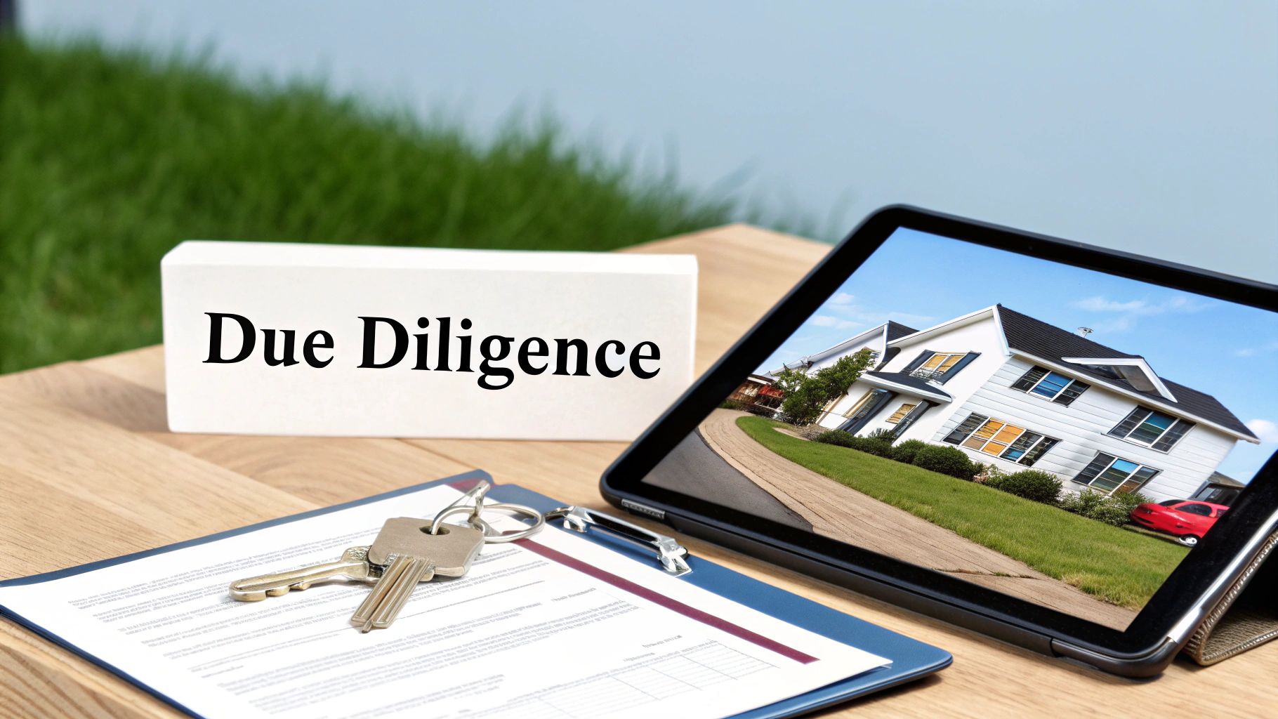 Due Diligence sign, tablet showing a house, keys, and documents on a table, signifying property investment.