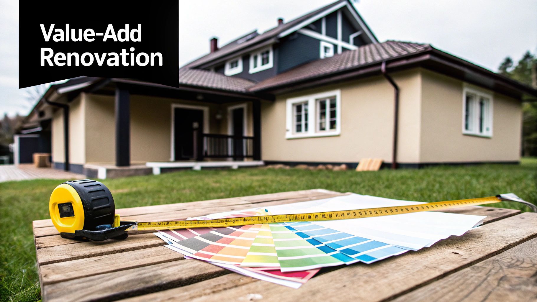 A house undergoing renovation, with a measuring tape and colour swatches on a wooden table in the foreground.