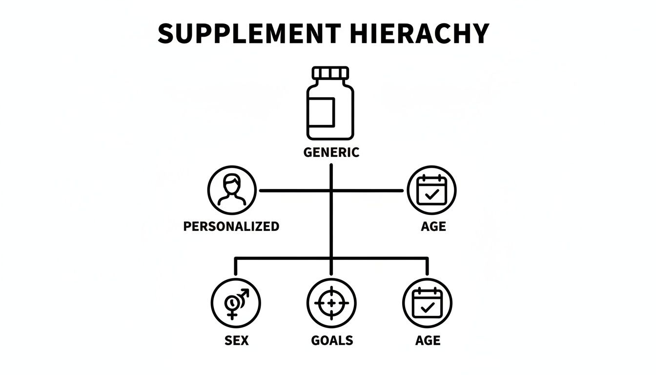 A diagram illustrating the supplement hierarchy, from generic to personalized based on sex, goals, and age.