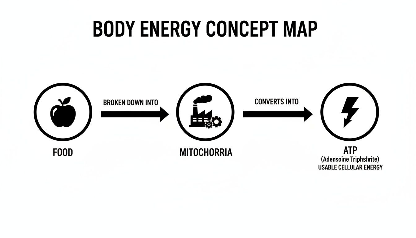 A body energy concept map showing food broken down into Mitochorria, then converted to ATP for cellular energy.