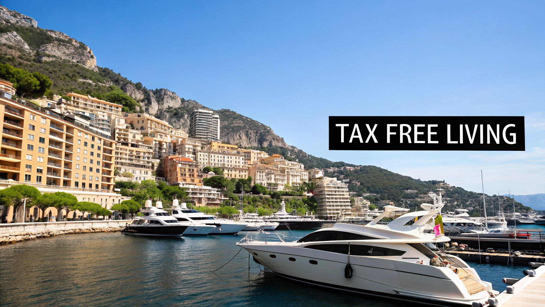 A picturesque harbor in Monaco with luxury yachts, hillside buildings, and "TAX FREE LIVING" text.
