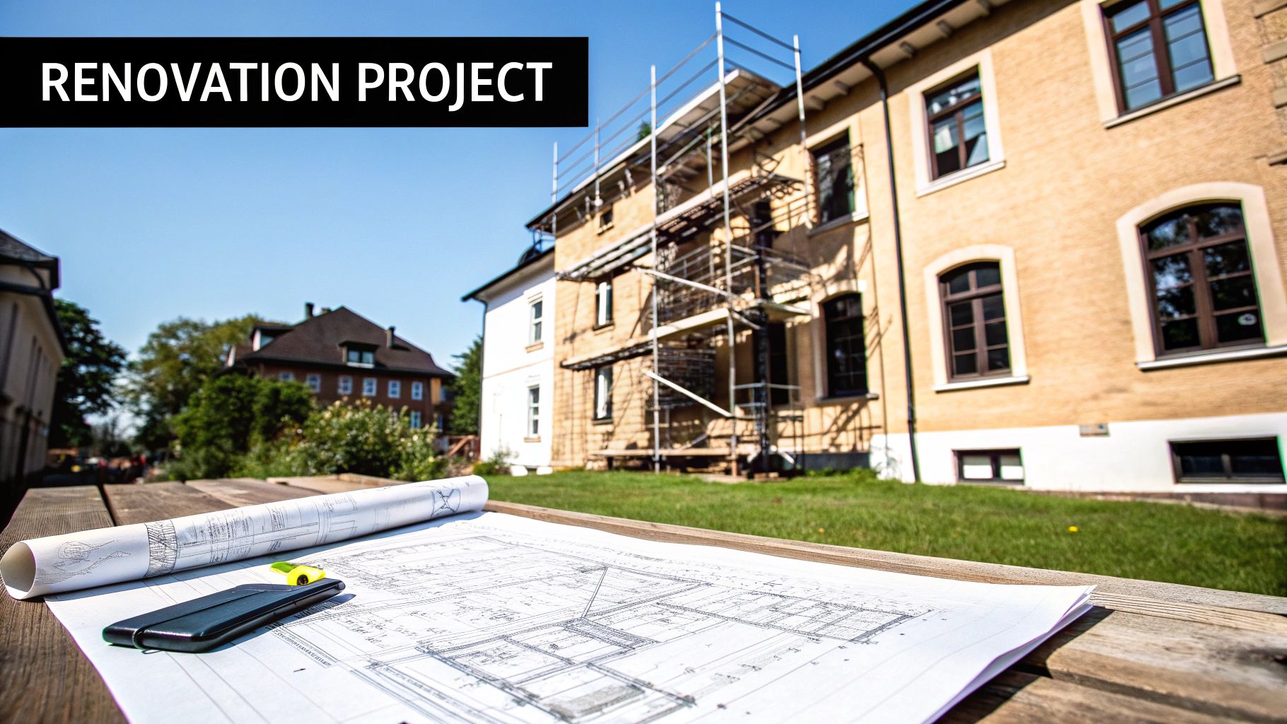 Building renovation project with scaffolding, architectural blueprints, and a smartphone on a wooden table.