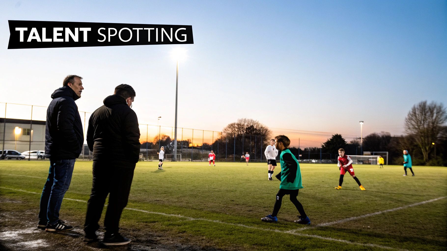 Young footballers playing a match on a green pitch.