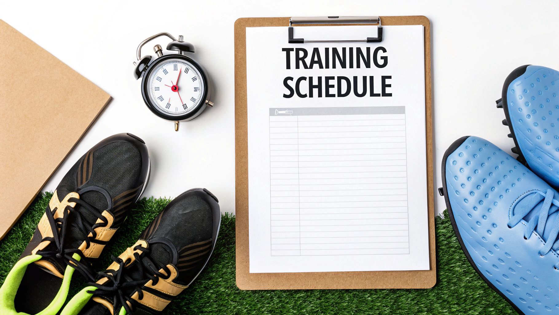 A flat lay of sports equipment including a training schedule on a clipboard, an alarm clock, running shoes, and football cleats.