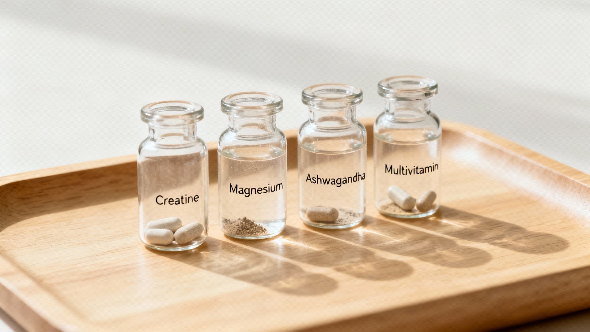 A collection of core supplements like creatine powder, magnesium pills, and ashwagandha capsules arranged neatly.