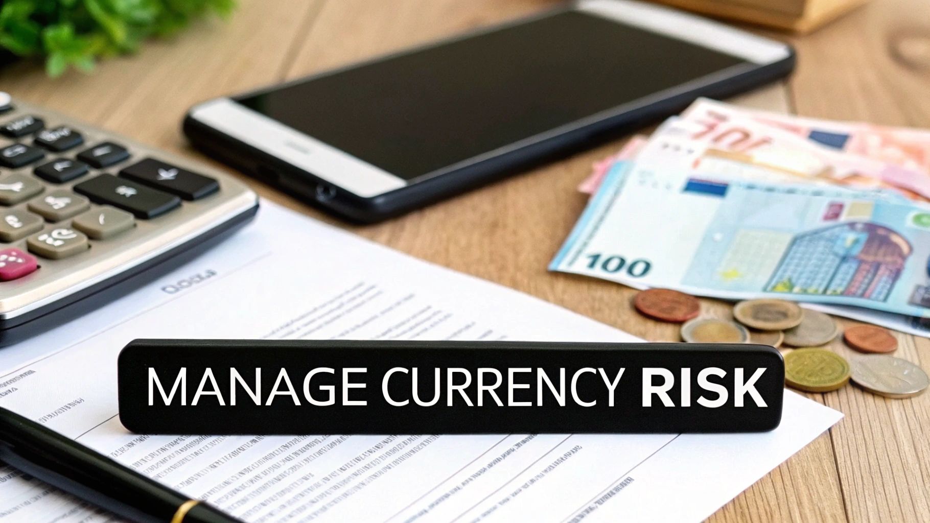 A desk with a calculator, smartphone, Euro money, coins, and a block reading 'MANAGE CURRENCY RISK'.