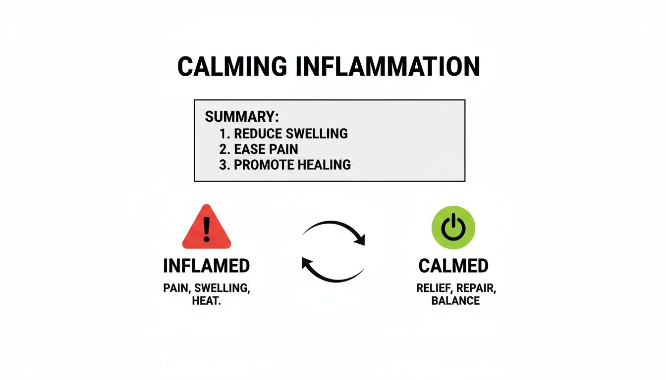 Diagram illustrating calming inflammation goals: reduce swelling, ease pain, and promote healing, contrasting inflamed and calmed states.