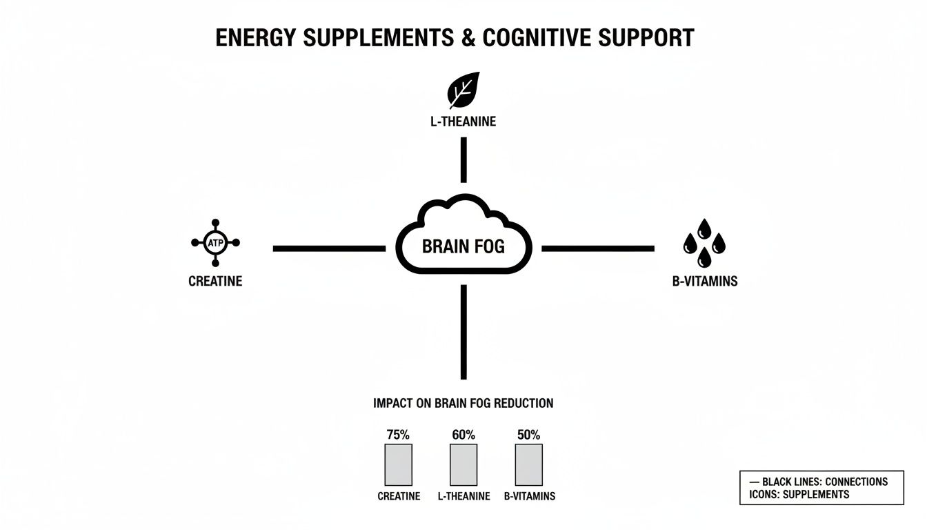 Diagram illustrating energy supplements creatine, L-theanine, B-vitamins and their impact on brain fog reduction percentages.