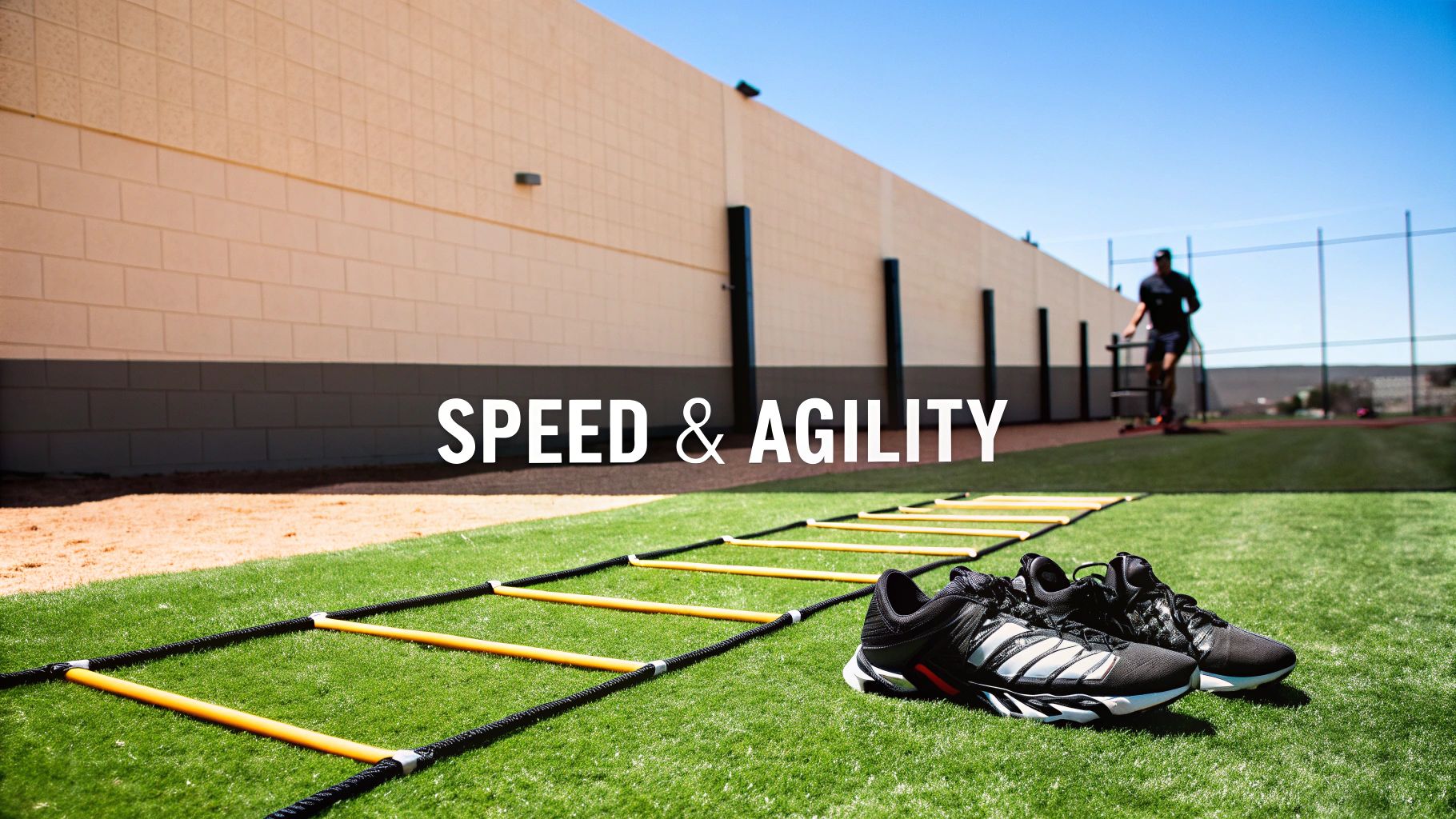 A football player training with an agility ladder on a green pitch.
