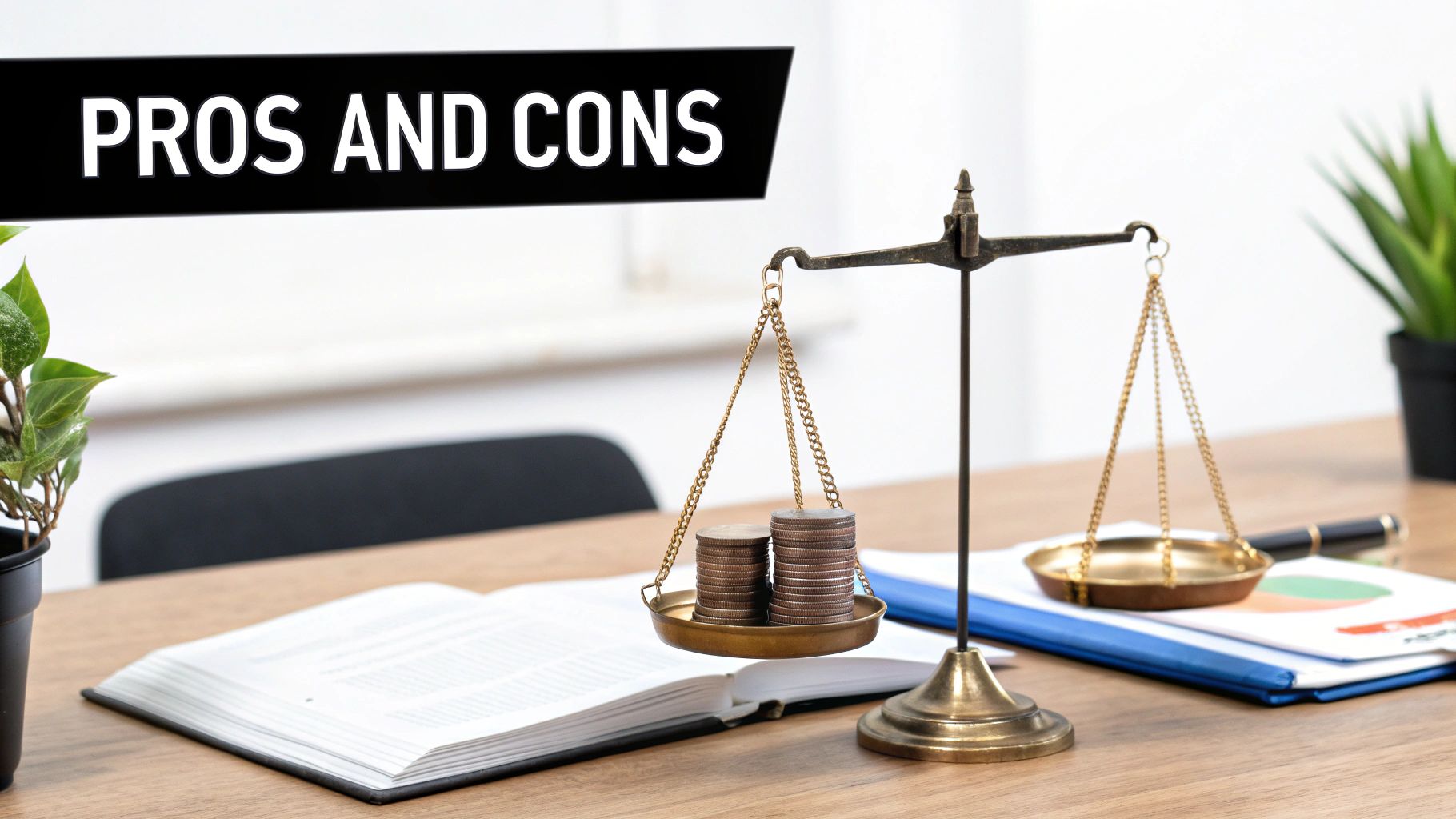 Scales balancing coins and a house, symbolising the pros and cons of whole life insurance.