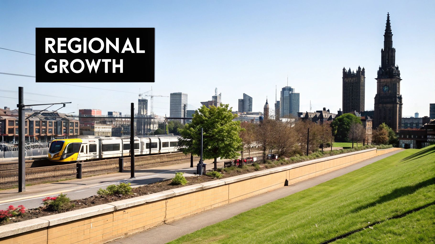 A train passes a modern city skyline with historic buildings and green spaces, featuring 'REGIONAL GROWTH' text.