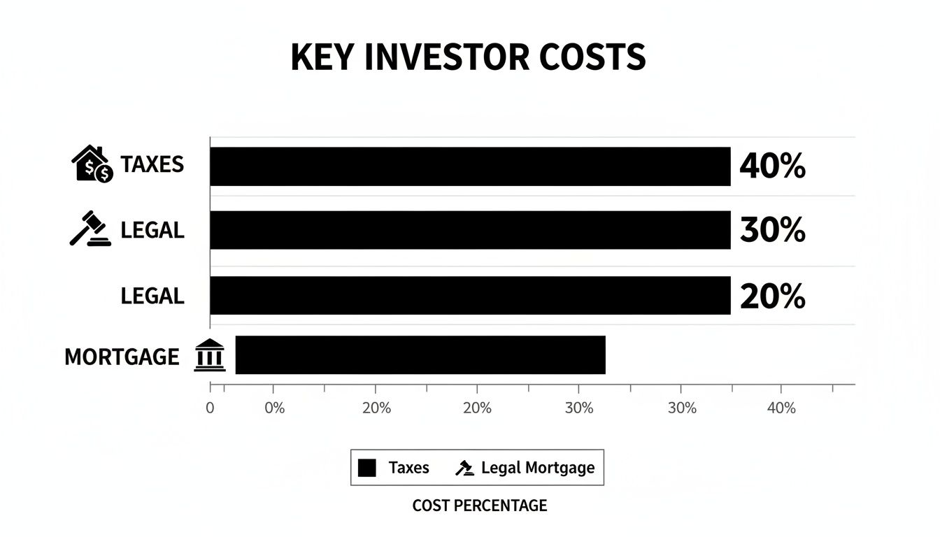 Bar chart illustrating key investor costs: Taxes at 40%, Legal at 30% and 20%, and Mortgage at 32%.