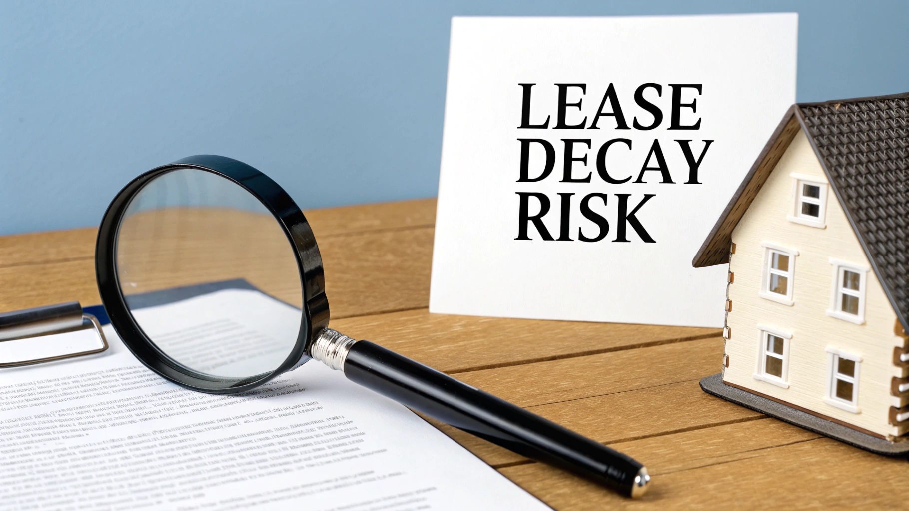 A magnifying glass on a legal document next to a legal document with a sign saying 'LEASE DECAY RISK'.