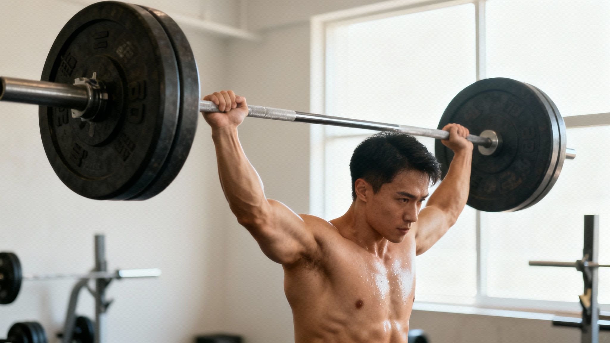 Muscular Asian man with sweat on his body performing an overhead barbell lift in a gym.