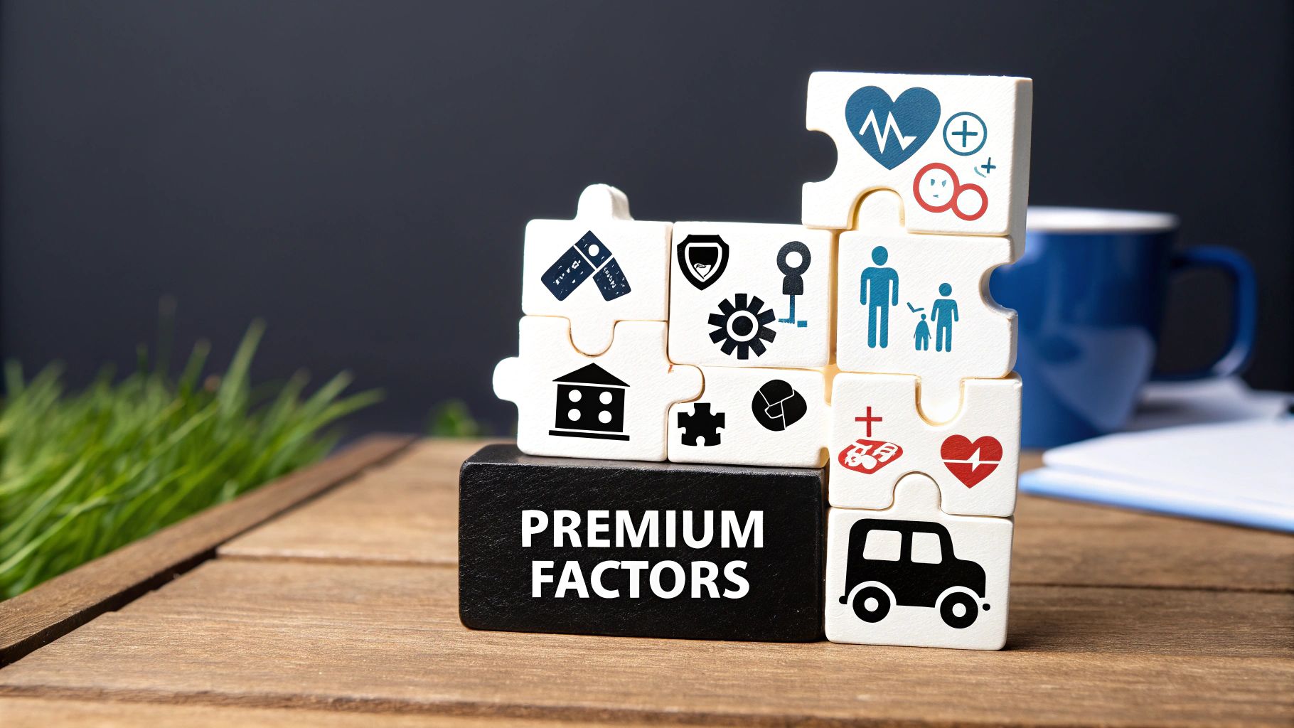 A magnifying glass hovering over various life-related icons like a heart, a house, and a figure on a mountain, symbolising the detailed risk assessment by insurers.