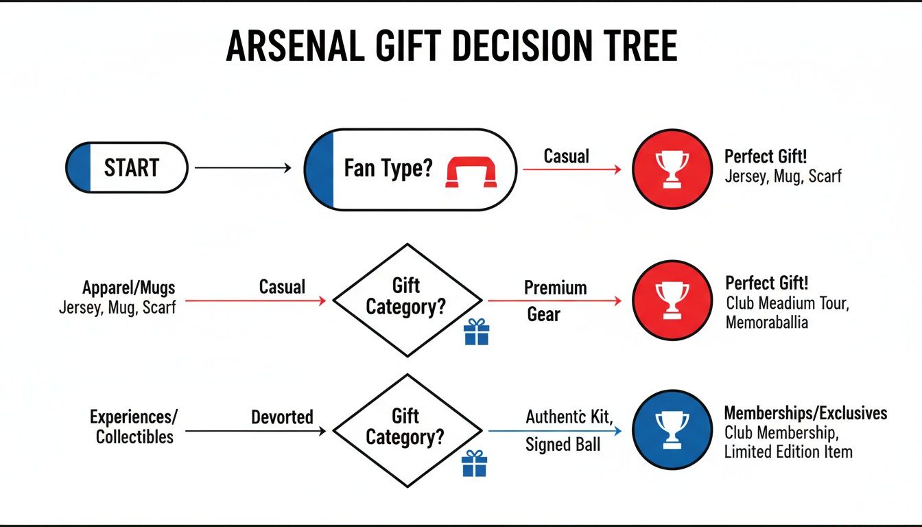 A flowchart outlining Arsenal gift decisions, guiding choices based on fan type and gift category.