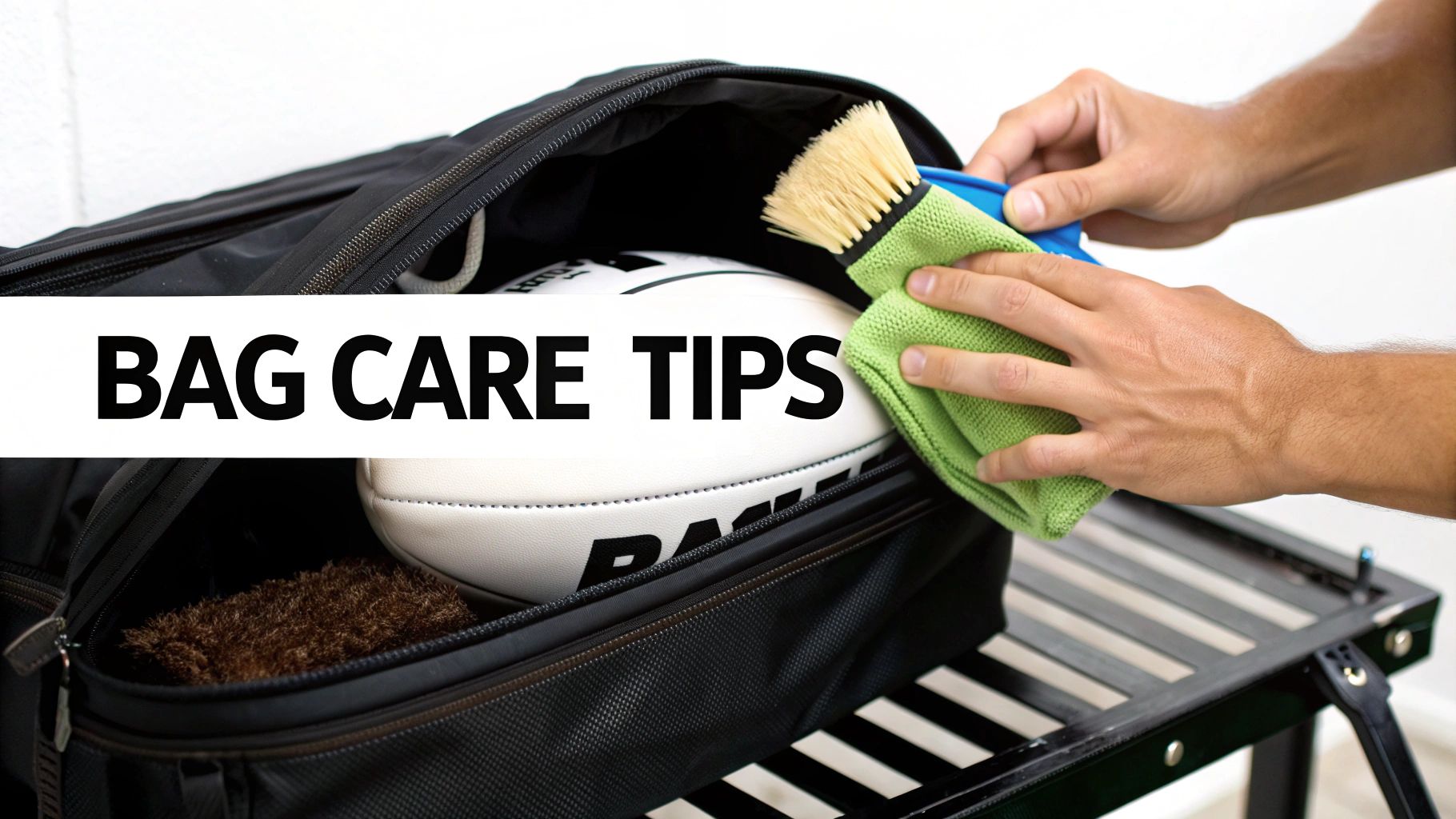 Person cleaning a black sports bag, demonstrating bag care tips with a brush and cloth.