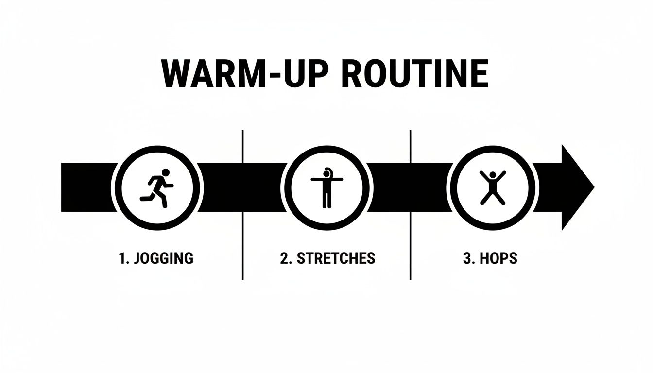A black and white graphic illustrating a three-step warm-up routine: jogging, stretches, and hops.