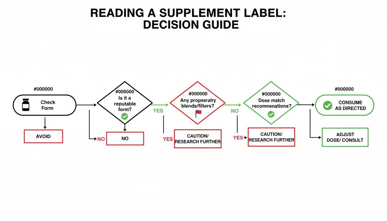 A flowchart decision guide for reading a supplement label, checking form, reputability, blends, and dosage.