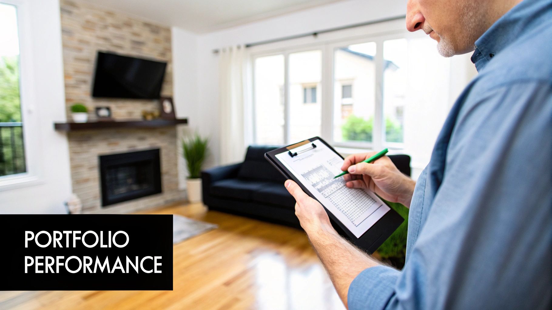 Man reviews property portfolio performance on a clipboard in a modern living room with a fireplace.