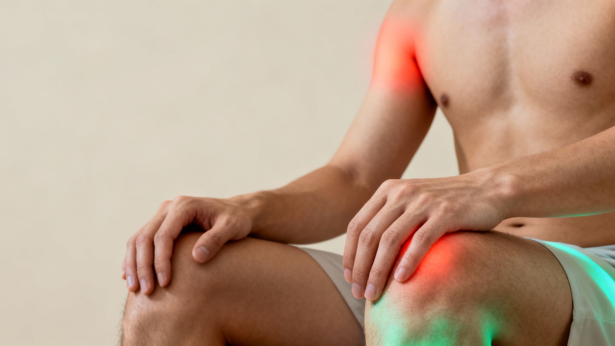 A man suffering from inflammation, with highlighted pain points on his shoulder and knee.