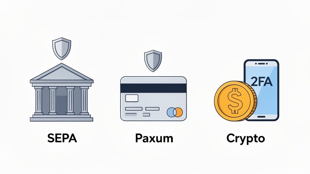 Three secure payment options: SEPA bank transfer, Paxum credit card, and cryptocurrency with 2FA.