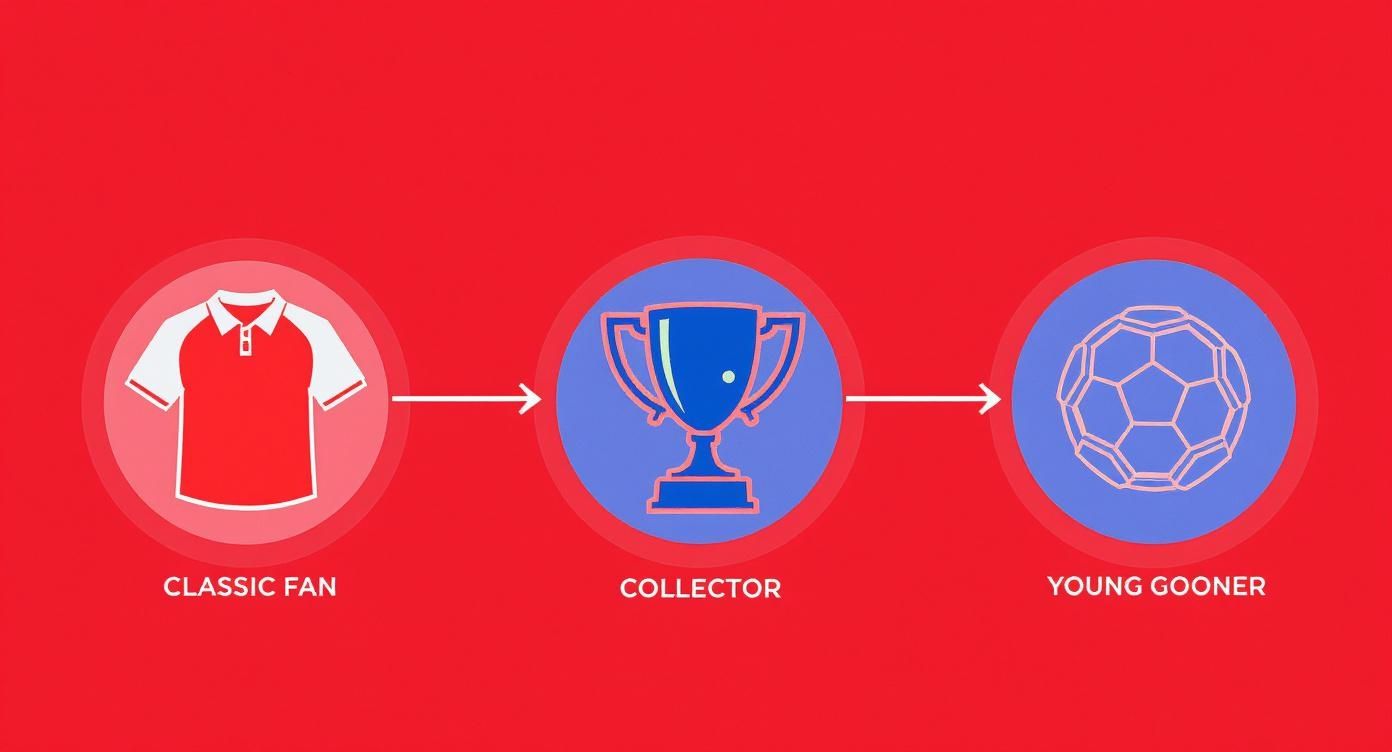 A flow diagram showing different fan types: Classic Fan (shirt), Collector (trophy), and Young Gooner (soccer ball).