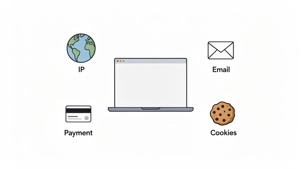 A laptop surrounded by icons representing IP, email, payment information, and cookies, indicating online data.