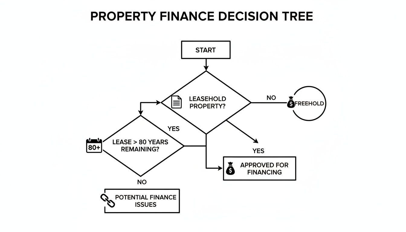 Flowchart illustrating the property finance decision process for leasehold and freehold properties.