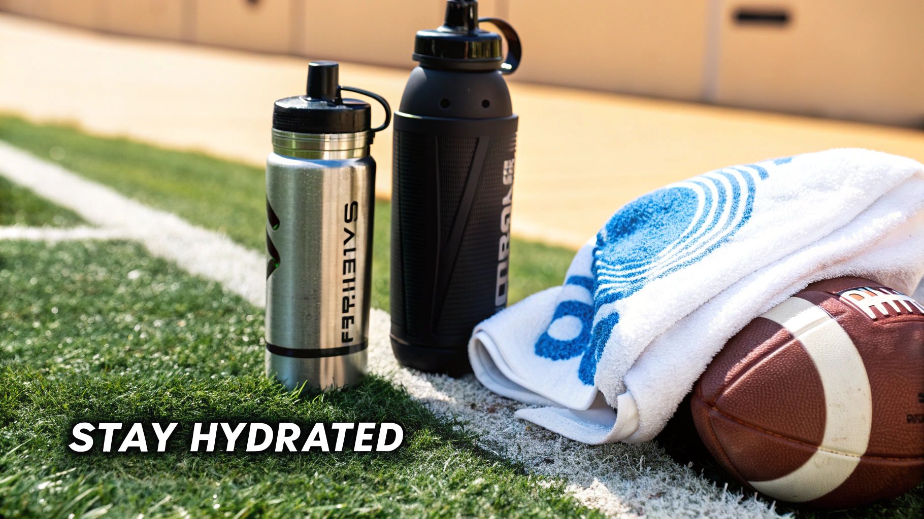 Two water bottles, a towel, and a football on a green field, promoting hydration during sports.