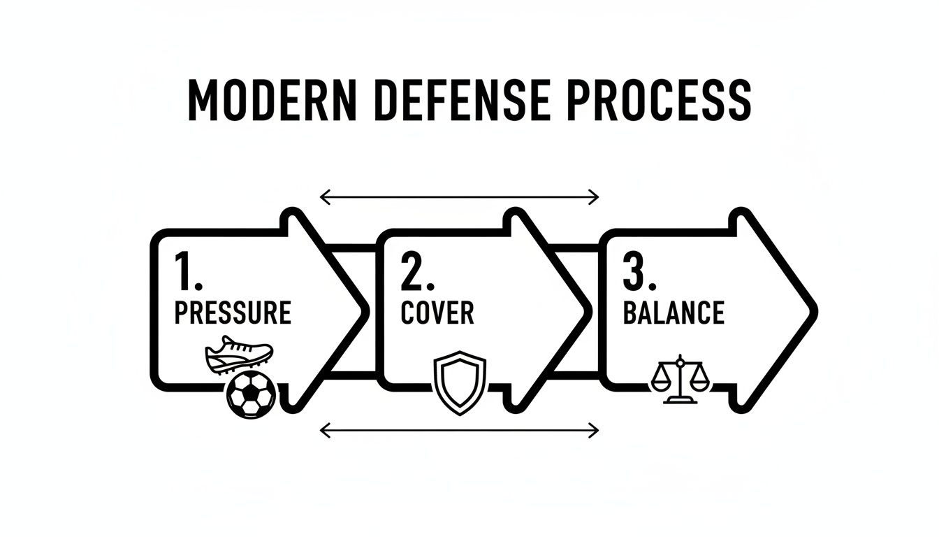 Diagram illustrating the three steps of a modern soccer defense process: Pressure, Cover, and Balance.