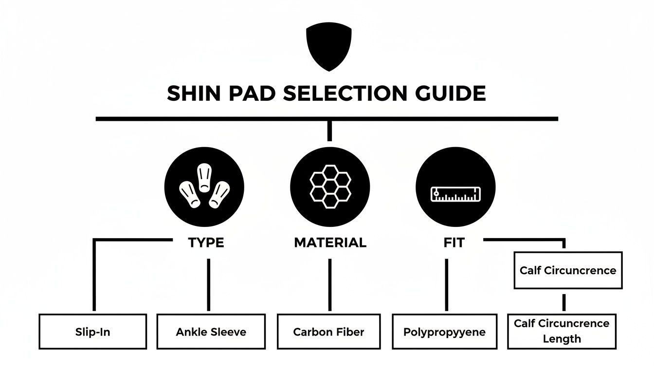 A visual guide illustrating shin pad selection based on type, material, and fit criteria.