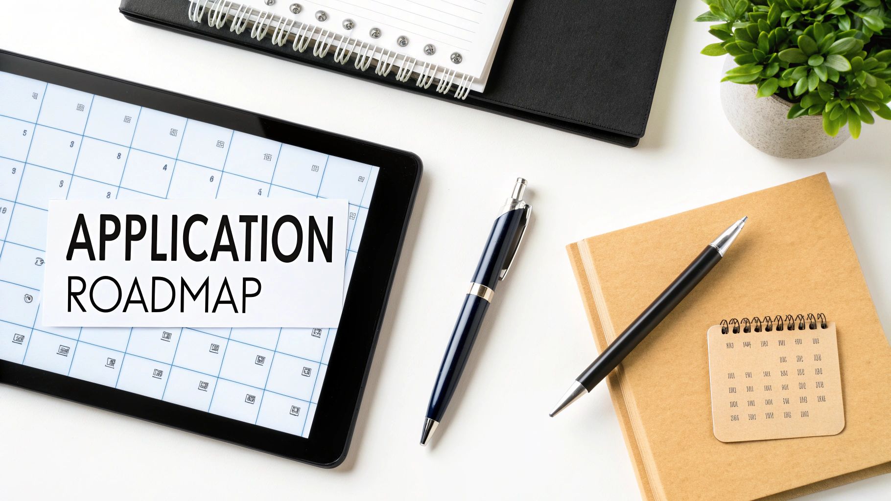Overhead view of an office desk with 'APPLICATION ROADMAP' on a tablet, pens, notebooks, and a plant.