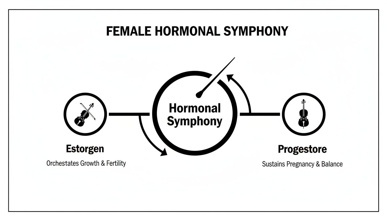 Diagram illustrating the female hormonal symphony, showing estrogen and progesterone's roles in fertility and balance.