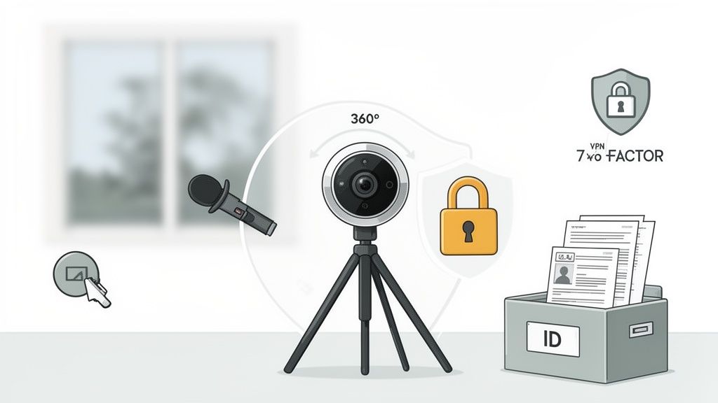 An illustration featuring a 360-degree camera on a tripod, microphone, security lock, VPN shield, and ID documents.