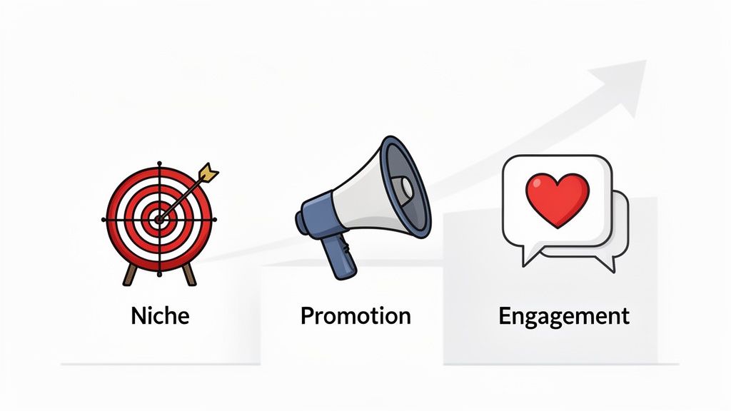Infographic showing marketing steps: Niche (target), Promotion (megaphone), and Engagement (heart speech bubbles) leading to growth.