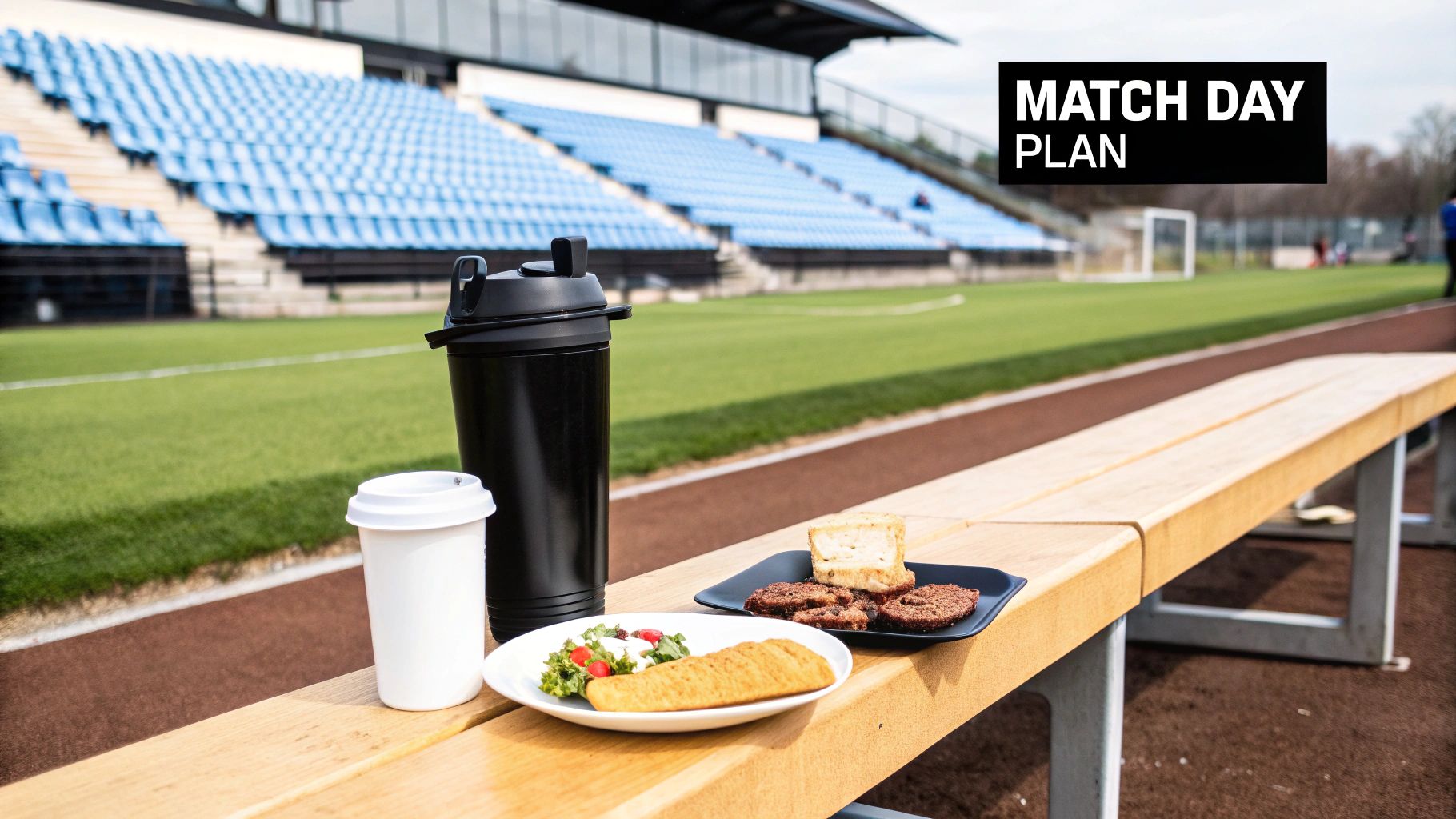Match day nutrition plan with food and drinks laid out on a bench at a football stadium.