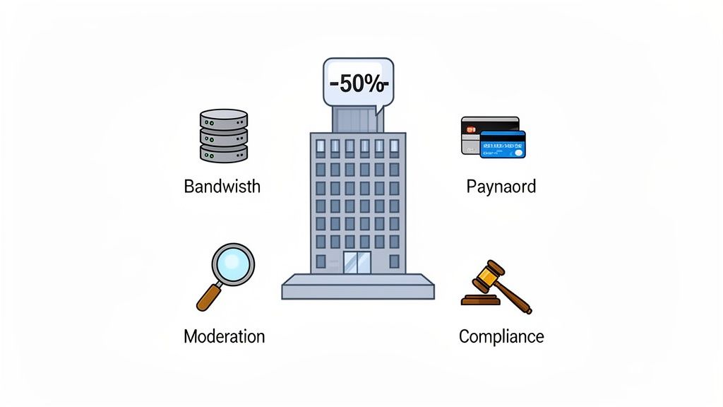 Illustration of a building with a -50% reduction, surrounded by icons for bandwidth, payment, moderation, and compliance.