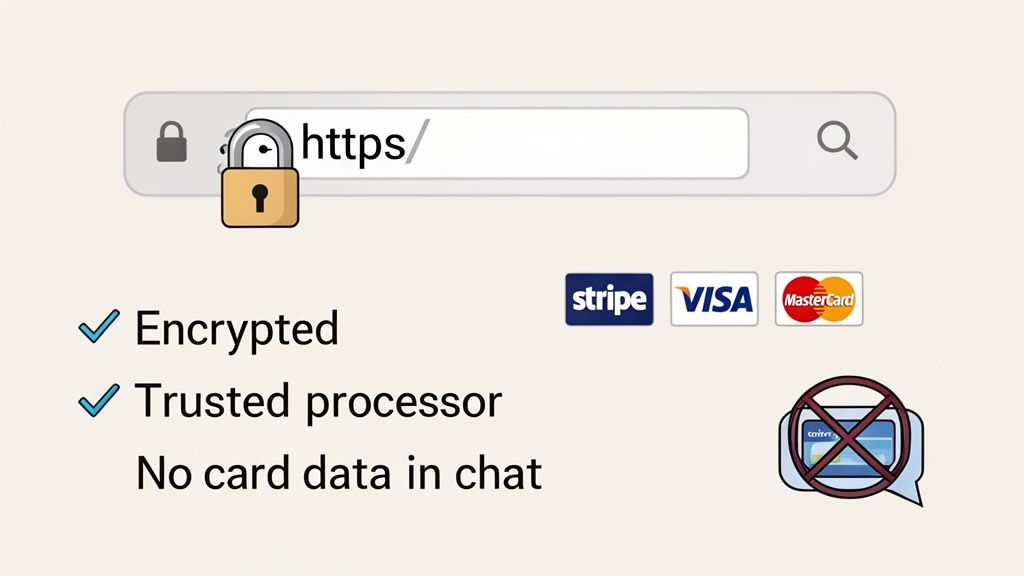 Visual guide to secure online payments, showing HTTPS, encryption, and no chat card data.