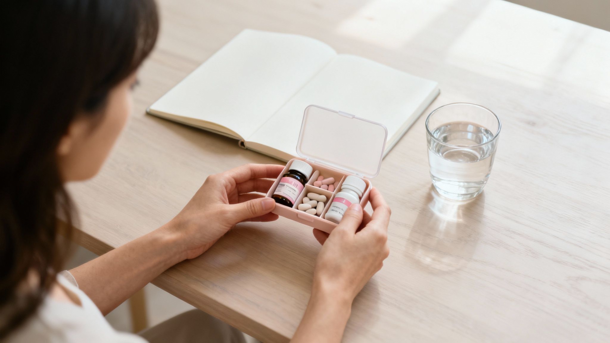 A woman holding a bottle of supplements and looking at a calendar, symbolizing planning for fertility.