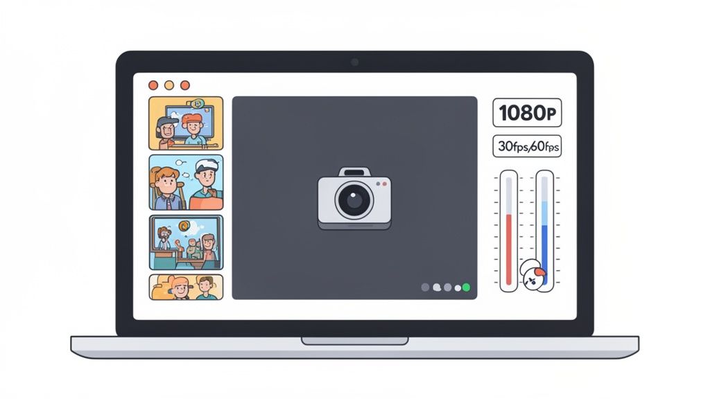 A laptop screen showing a video streaming interface with multiple participants, a camera icon, and settings.